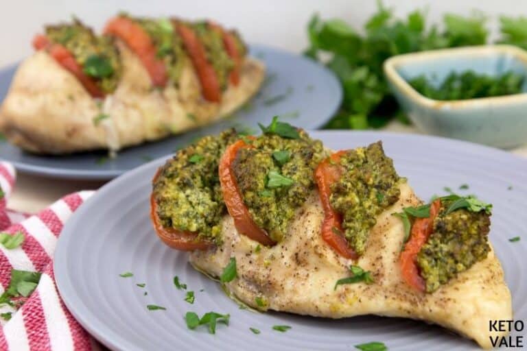 Keto Hasselback Chicken with Ricotta Spinach Pesto | KetoVale